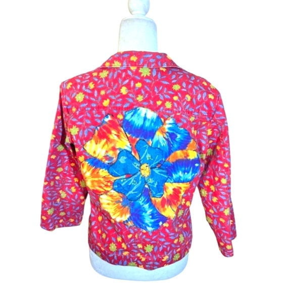 Vintage Jackets & Blazers - Vtg. Red Jean Jacket Gotcha Covered Floral Fabric Flower power Embroidered Back